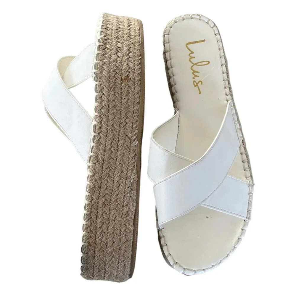 Lulus Womens Espadrille Sandals White Kahli Platform Slip On Boho Shoes Sz 6.5